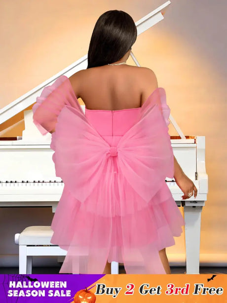 AOMEIDRESS Pink Removable Back Bow Tube Tops Mesh A Line Dress