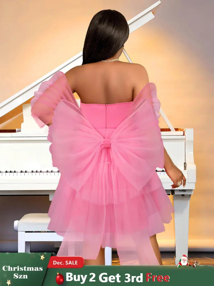 AOMEIDRESS Pink Removable Back Bow Tube Tops Mesh A Line Dress