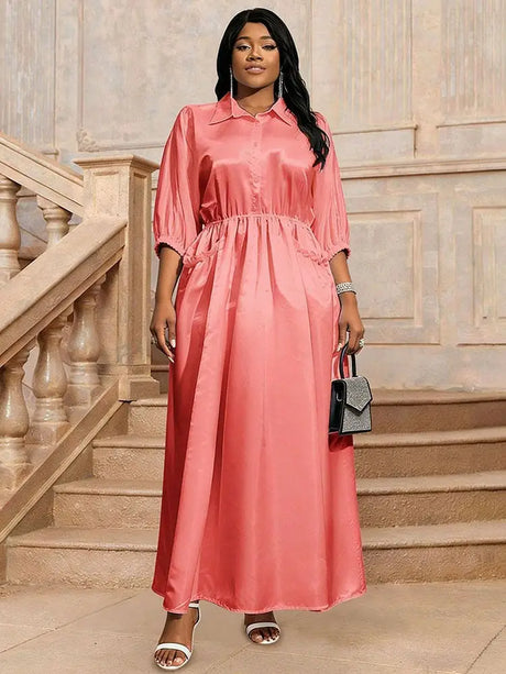 AOMEIDRESS Pink Satin Shirt Dress Elastic A Line Puff Sleeves Waist