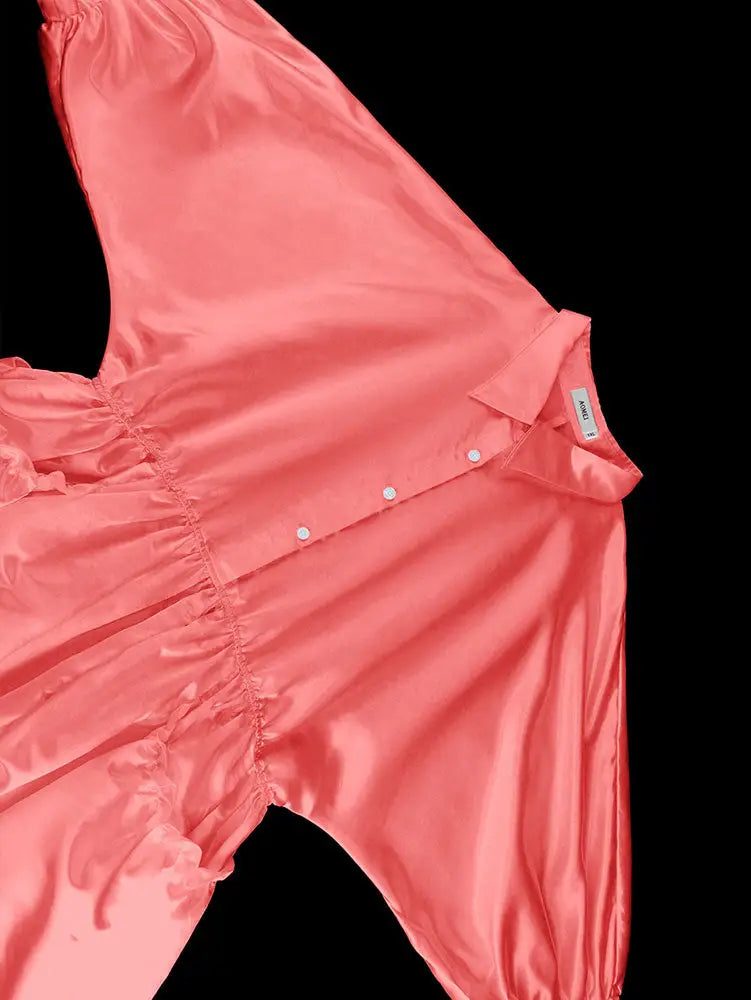 AOMEIDRESS Pink Satin Shirt Dress Elastic A Line Puff Sleeves Waist