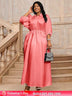 AOMEIDRESS Pink Satin Shirt Dress Elastic A Line Puff Sleeves Waist Pink / L