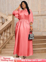 AOMEIDRESS Pink Satin Shirt Dress Elastic A Line Puff Sleeves Waist Pink / L