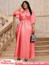 AOMEIDRESS Pink Satin Shirt Dress Elastic A Line Puff Sleeves Waist Pink / L
