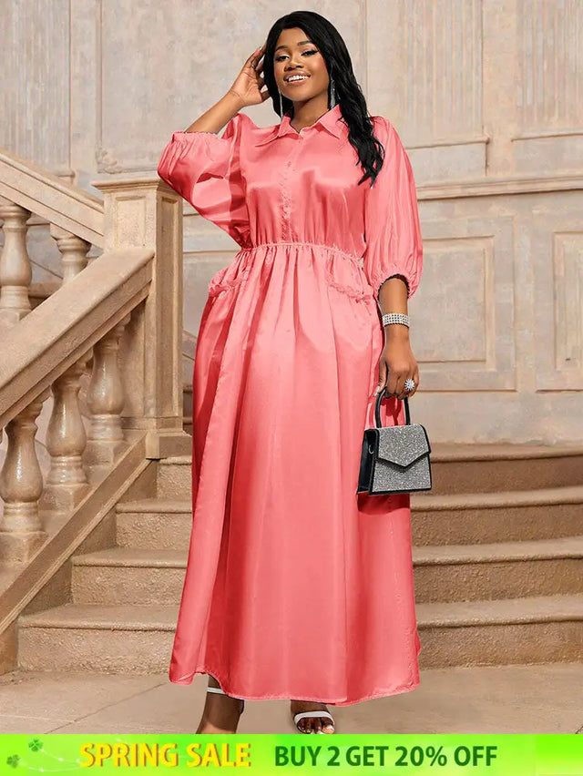 AOMEIDRESS Pink Satin Shirt Dress Elastic A Line Puff Sleeves Waist Pink / L