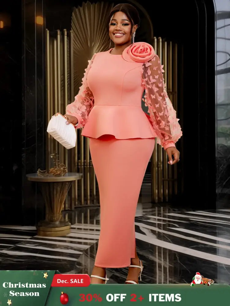 AOMEIDRESS Pink Sweet Dress Mesh Patchwork Butterfly Lantern Sleeve Pink / S