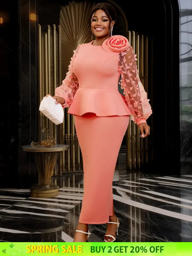 AOMEIDRESS Pink Sweet Dress Mesh Patchwork Butterfly Lantern Sleeve Pink / S