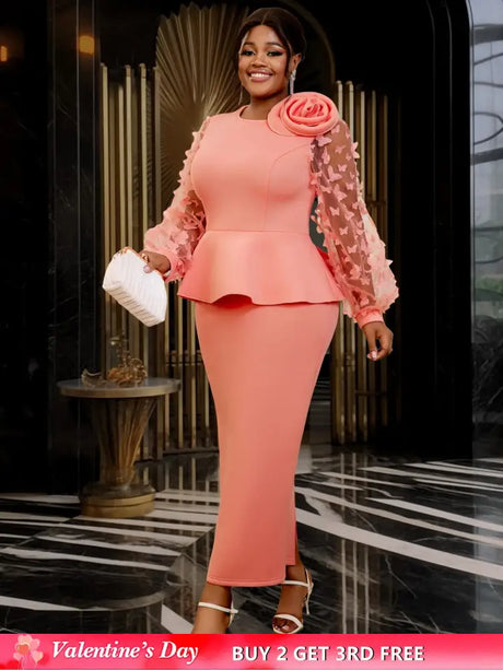 AOMEIDRESS Pink Sweet Dress Mesh Patchwork Butterfly Lantern Sleeve Pink / S