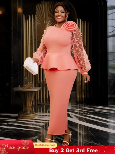 AOMEIDRESS Pink Sweet Dress Mesh Patchwork Butterfly Lantern Sleeve Pink / S