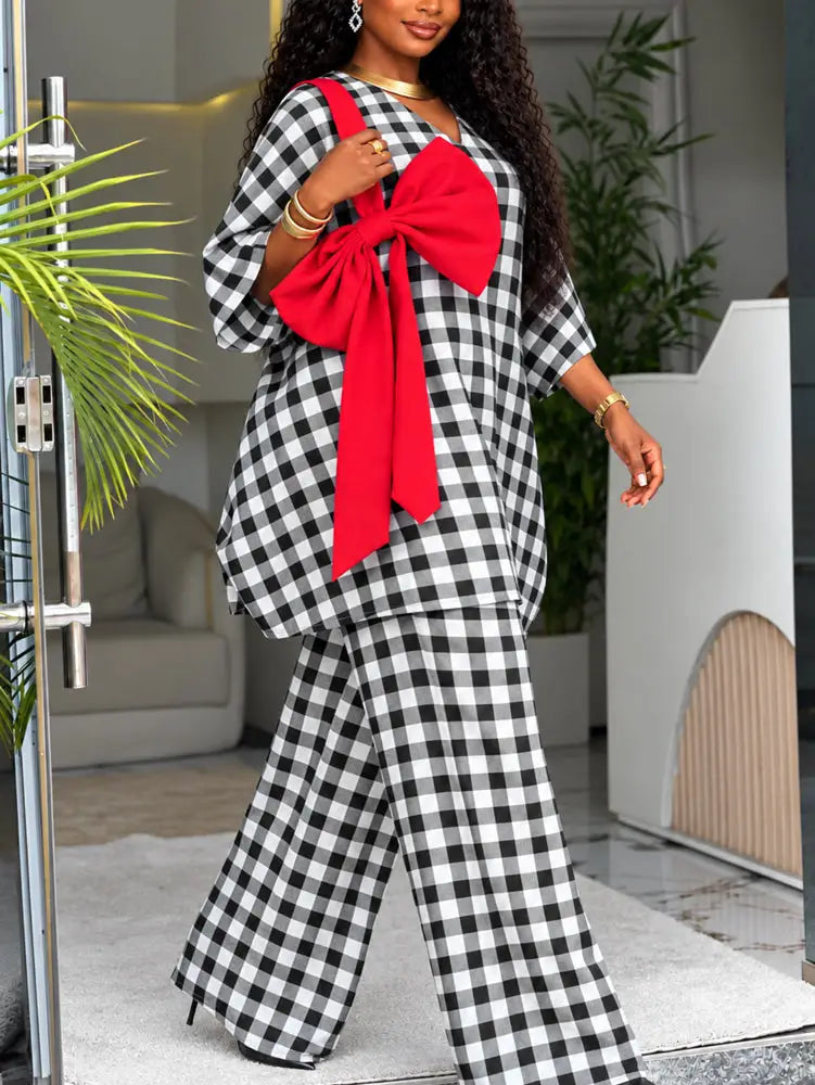 AOMEIDRESS Plaid 2 Piece Set Batwing Sleeve Bow Top Wide Leg Pants