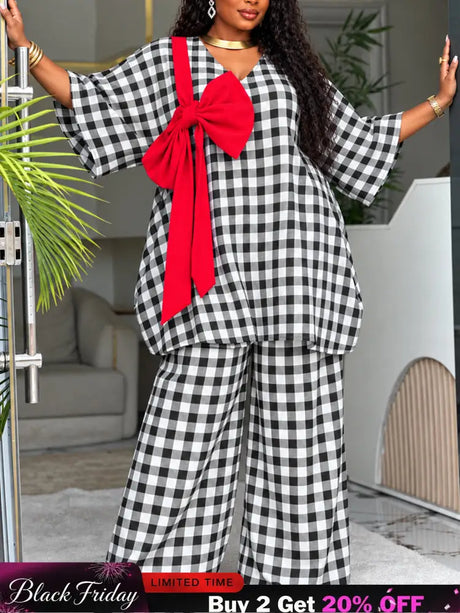 AOMEIDRESS Plaid 2 Piece Set Batwing Sleeve Bow Top Wide Leg Pants - Black / S