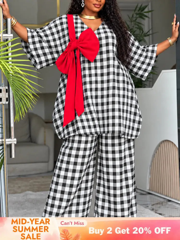 AOMEIDRESS Plaid 2 Piece Set Batwing Sleeve Bow Top Wide Leg Pants - Black / S