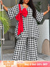 AOMEIDRESS Plaid 2 Piece Set Batwing Sleeve Bow Top Wide Leg Pants - Black / S
