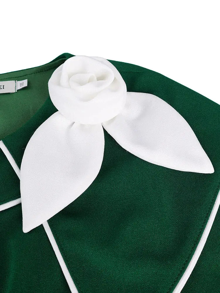 AOMEIDRESS Pleated A Line Dresses Short Sleeves Colorblock 3D Flower