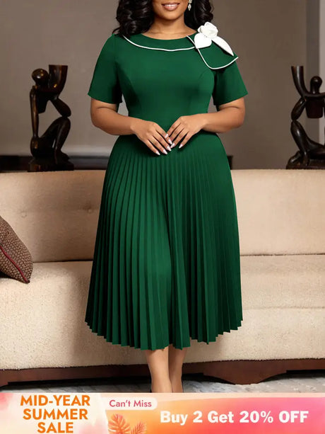 AOMEIDRESS Pleated A Line Dresses Short Sleeves Colorblock 3D Flower - DarkGreen / L