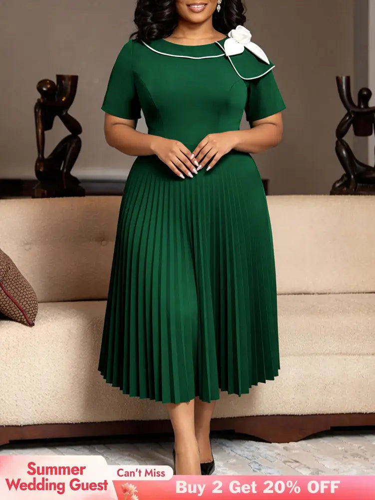 AOMEIDRESS Pleated A Line Dresses Short Sleeves Colorblock 3D Flower - DarkGreen / L