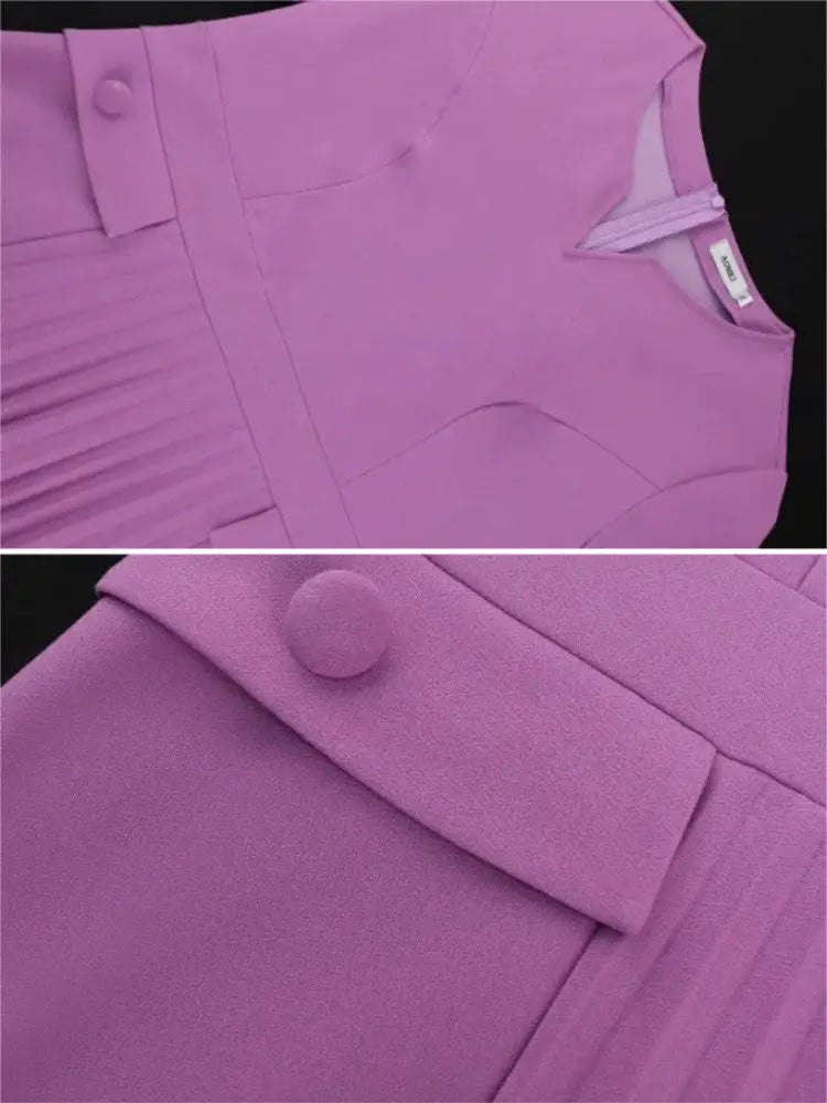 AOMEIDRESS Pleated A-Line Midi Dress V Neck 3/4 Sleeves High Waist