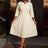 AOMEIDRESS Pleated A-Line Midi Dress V Neck 3/4 Sleeves High Waist - apricot / S