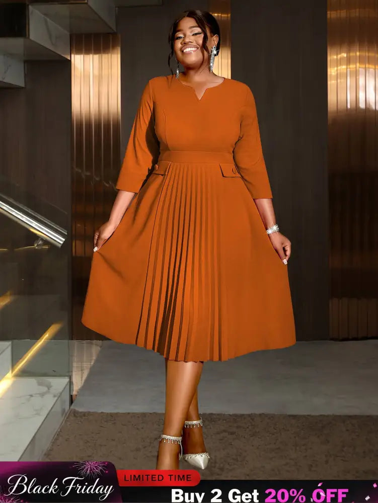 AOMEIDRESS Pleated A-Line Midi Dress V Neck 3/4 Sleeves High Waist Brown / S
