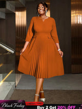 AOMEIDRESS Pleated A-Line Midi Dress V Neck 3/4 Sleeves High Waist Brown / S
