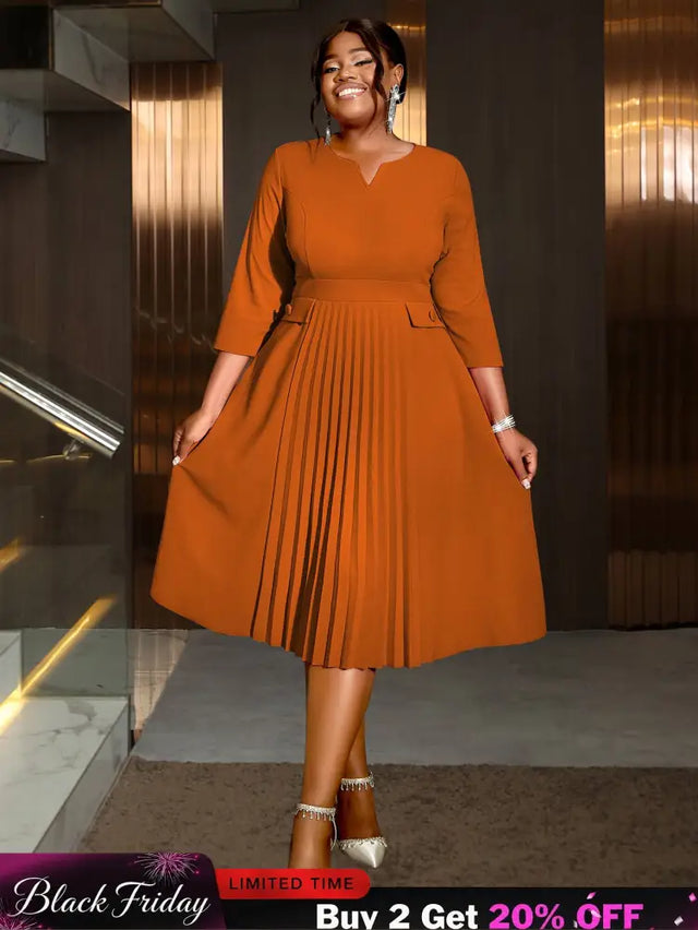 AOMEIDRESS Pleated A-Line Midi Dress V Neck 3/4 Sleeves High Waist Brown / S