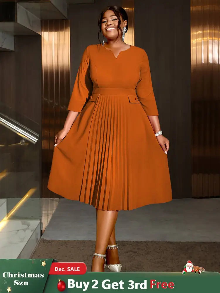 AOMEIDRESS Pleated A-Line Midi Dress V Neck 3/4 Sleeves High Waist Brown / S