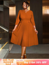 AOMEIDRESS Pleated A-Line Midi Dress V Neck 3/4 Sleeves High Waist Brown / S