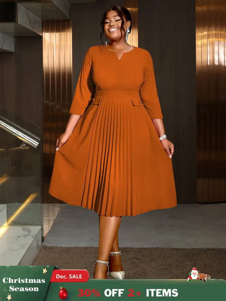 AOMEIDRESS Pleated A-Line Midi Dress V Neck 3/4 Sleeves High Waist Brown / S