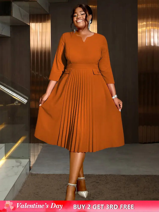 AOMEIDRESS Pleated A-Line Midi Dress V Neck 3/4 Sleeves High Waist Brown / S