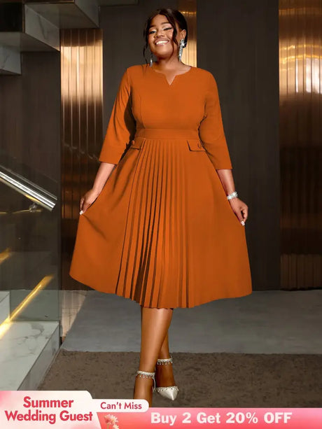 AOMEIDRESS Pleated A-Line Midi Dress V Neck 3/4 Sleeves High Waist Brown / S