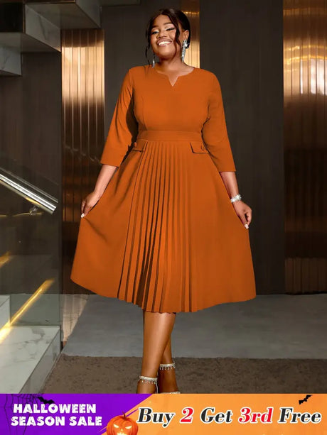 AOMEIDRESS Pleated A-Line Midi Dress V Neck 3/4 Sleeves High Waist Brown / S