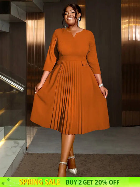 AOMEIDRESS Pleated A-Line Midi Dress V Neck 3/4 Sleeves High Waist Brown / S