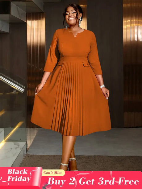 AOMEIDRESS Pleated A-Line Midi Dress V Neck 3/4 Sleeves High Waist Brown / S