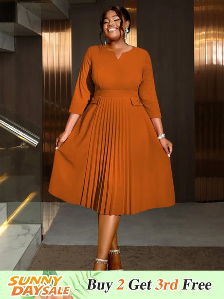 AOMEIDRESS Pleated A-Line Midi Dress V Neck 3/4 Sleeves High Waist Brown / S