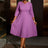AOMEIDRESS Pleated A-Line Midi Dress V Neck 3/4 Sleeves High Waist Purple / S
