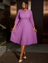 AOMEIDRESS Pleated A-Line Midi Dress V Neck 3/4 Sleeves High Waist Purple / S