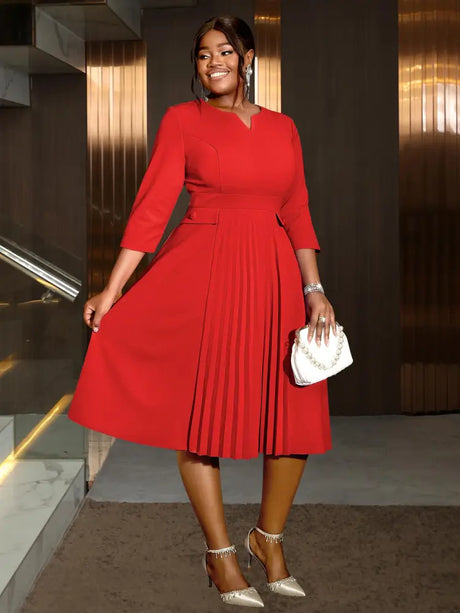AOMEIDRESS Pleated A-Line Midi Dress V Neck 3/4 Sleeves High Waist Red / S