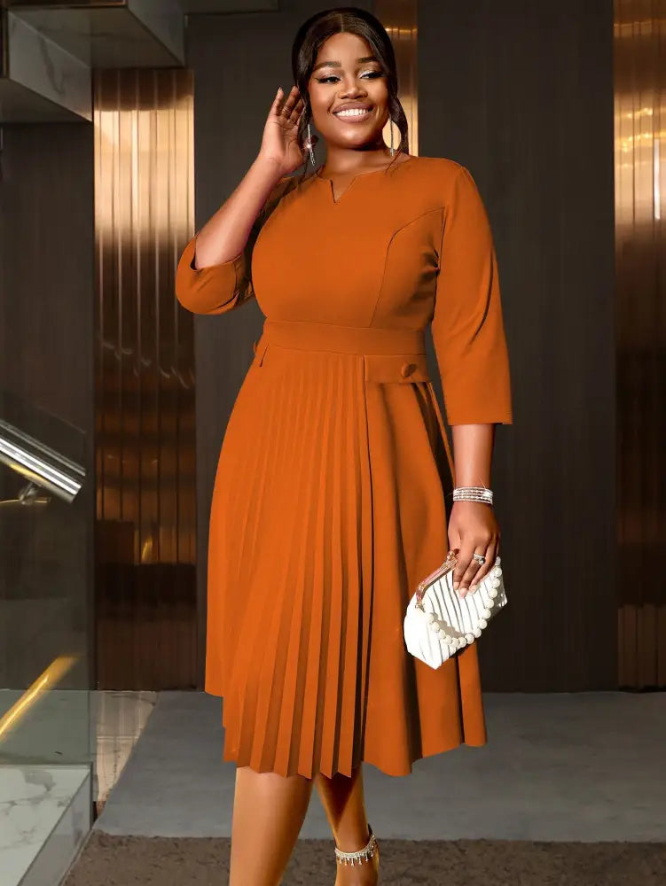 AOMEIDRESS Pleated A-Line Plus Size Dress V Neck Mid Calf High Waist