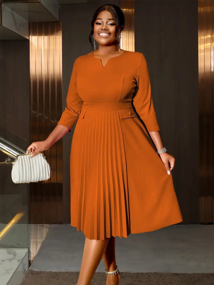 AOMEIDRESS Pleated A-Line Plus Size Dress V Neck Mid Calf High Waist