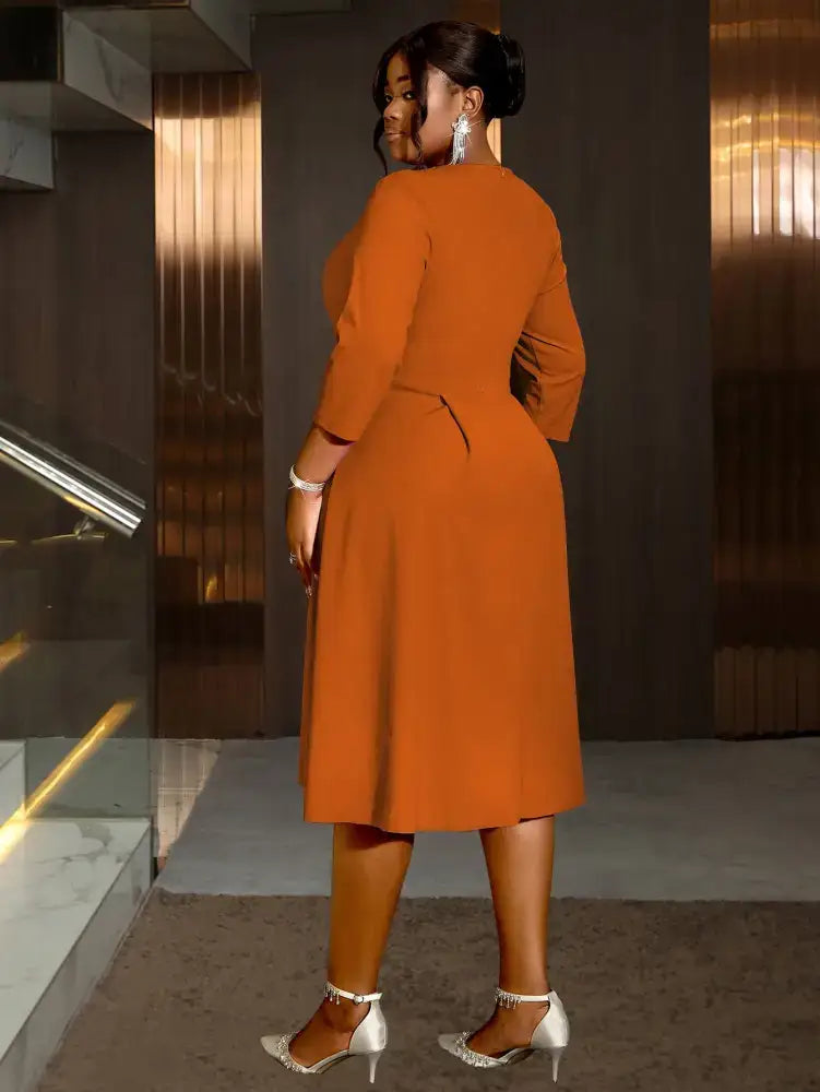 AOMEIDRESS Pleated A-Line Midi Dress V Neck 3/4 Sleeves High Waist