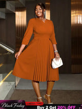 AOMEIDRESS Pleated A-Line Midi Dress V Neck 3/4 Sleeves High Waist
