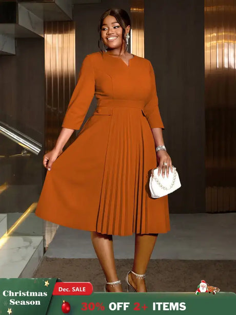 AOMEIDRESS Pleated A-Line Midi Dress V Neck 3/4 Sleeves High Waist