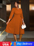 AOMEIDRESS Pleated A-Line Midi Dress V Neck 3/4 Sleeves High Waist