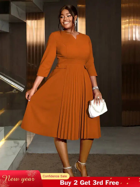 AOMEIDRESS Pleated A-Line Midi Dress V Neck 3/4 Sleeves High Waist