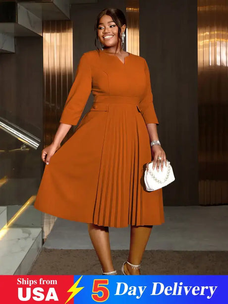 AOMEIDRESS Pleated A-Line Midi Dress V Neck 3/4 Sleeves High Waist