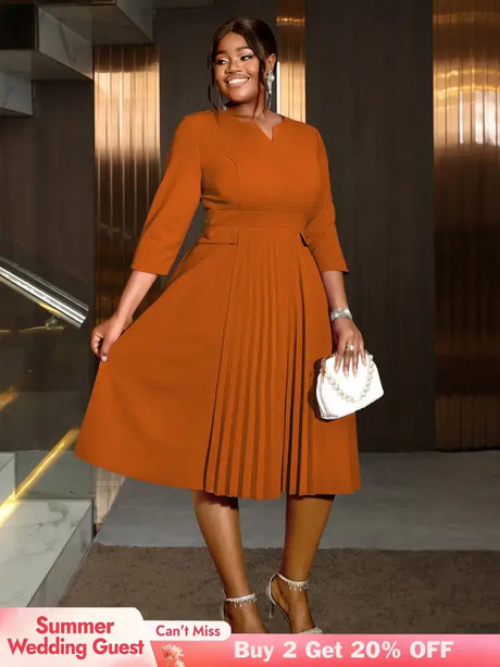 AOMEIDRESS Pleated A-Line Midi Dress V Neck 3/4 Sleeves High Waist