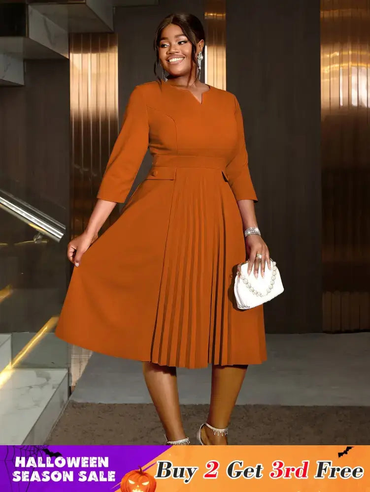 AOMEIDRESS Pleated A-Line Midi Dress V Neck 3/4 Sleeves High Waist