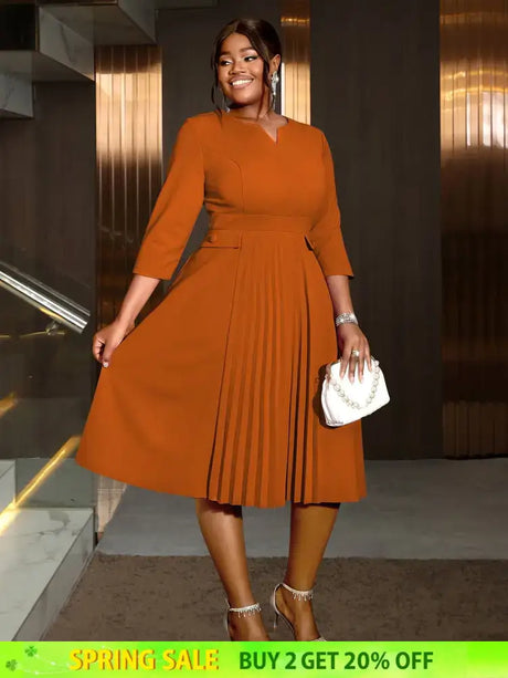 AOMEIDRESS Pleated A-Line Midi Dress V Neck 3/4 Sleeves High Waist