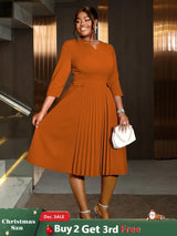 AOMEIDRESS Pleated A-Line Midi Dress V Neck 3/4 Sleeves High Waist