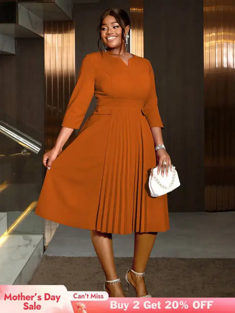 AOMEIDRESS Pleated A-Line Midi Dress V Neck 3/4 Sleeves High Waist