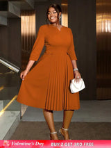 AOMEIDRESS Pleated A-Line Midi Dress V Neck 3/4 Sleeves High Waist